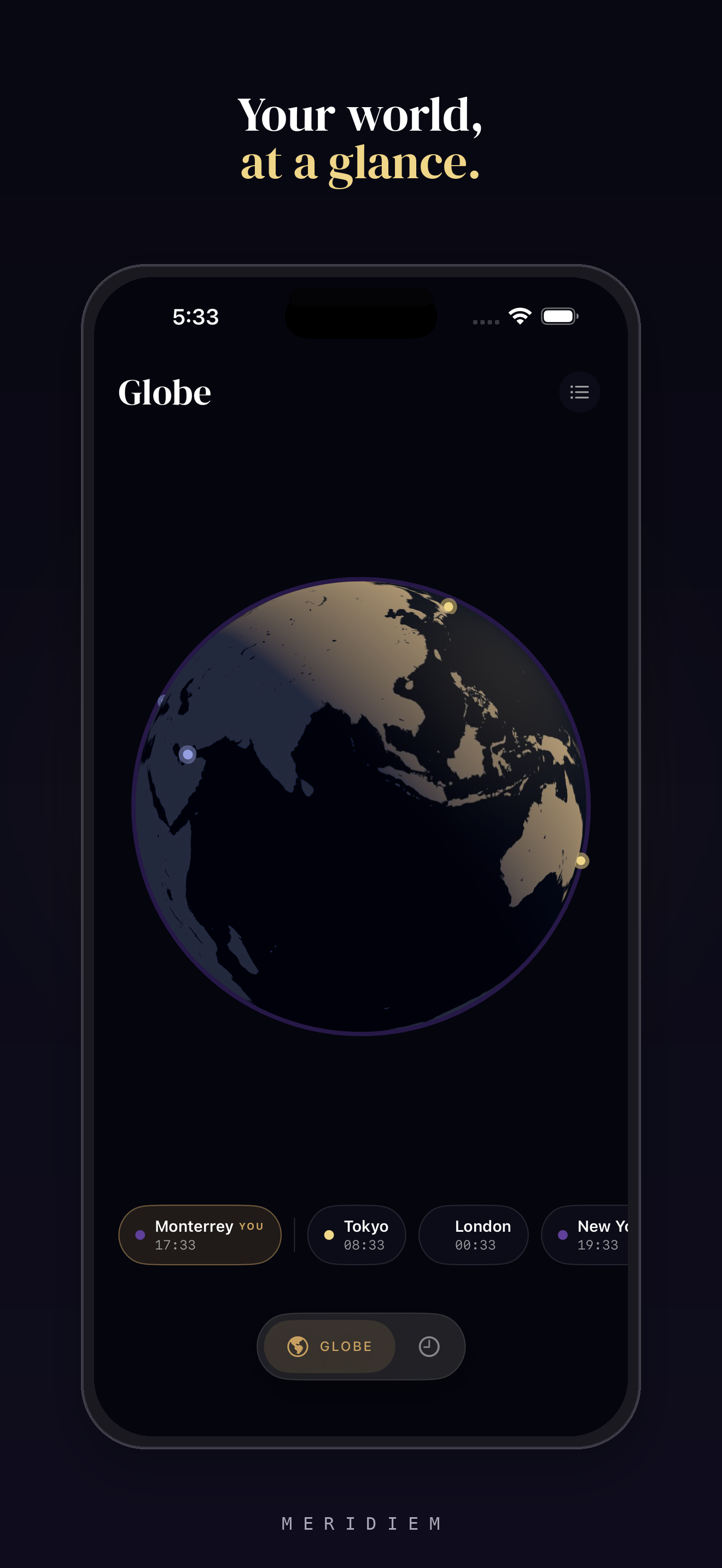 Meridiem globe view showing day and night across tracked cities