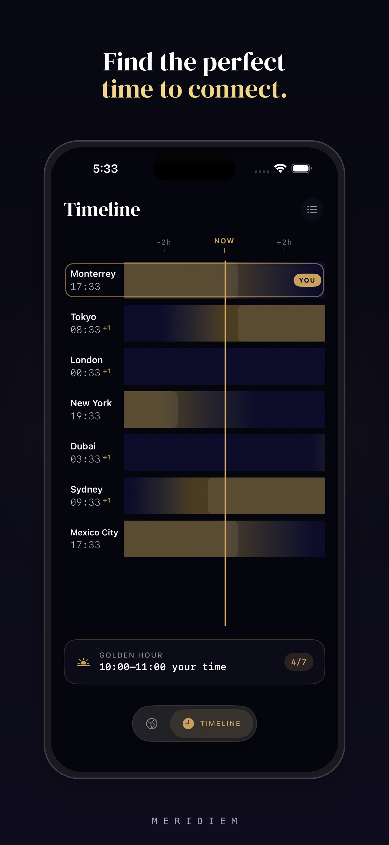 Meridiem timeline view highlighting the golden hour overlap