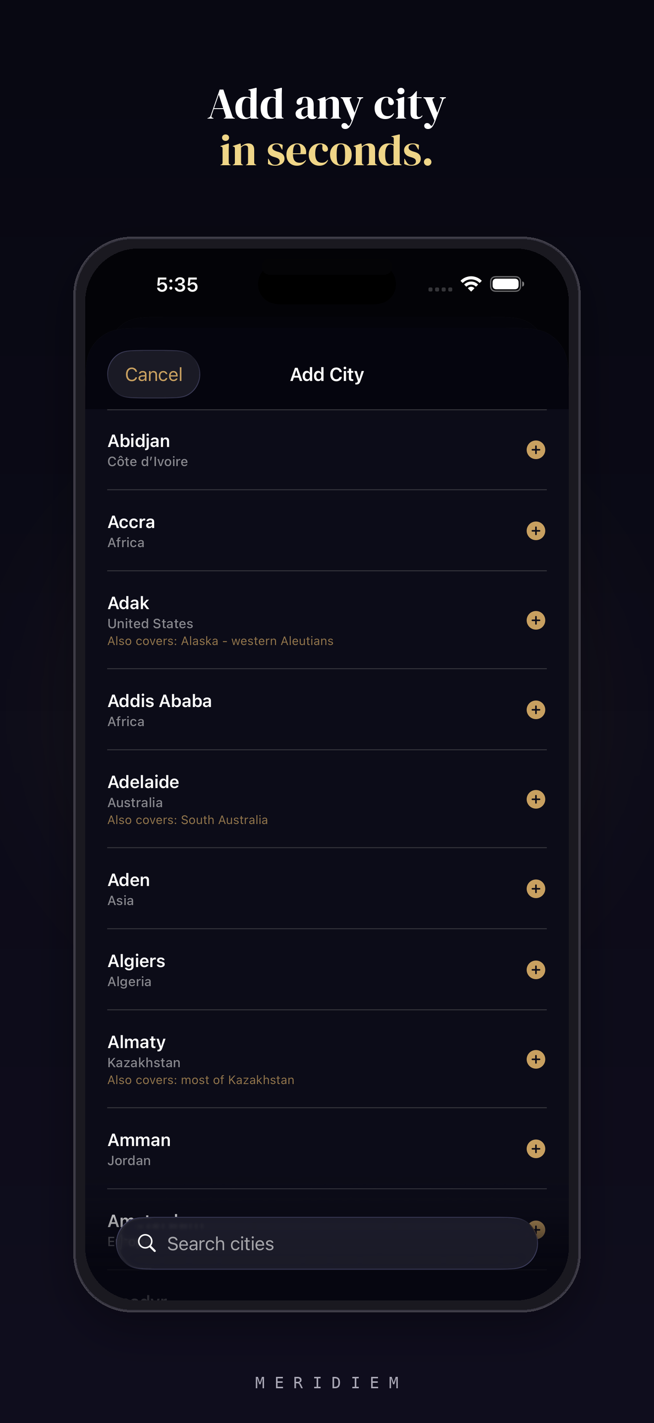 Meridiem add city search screen