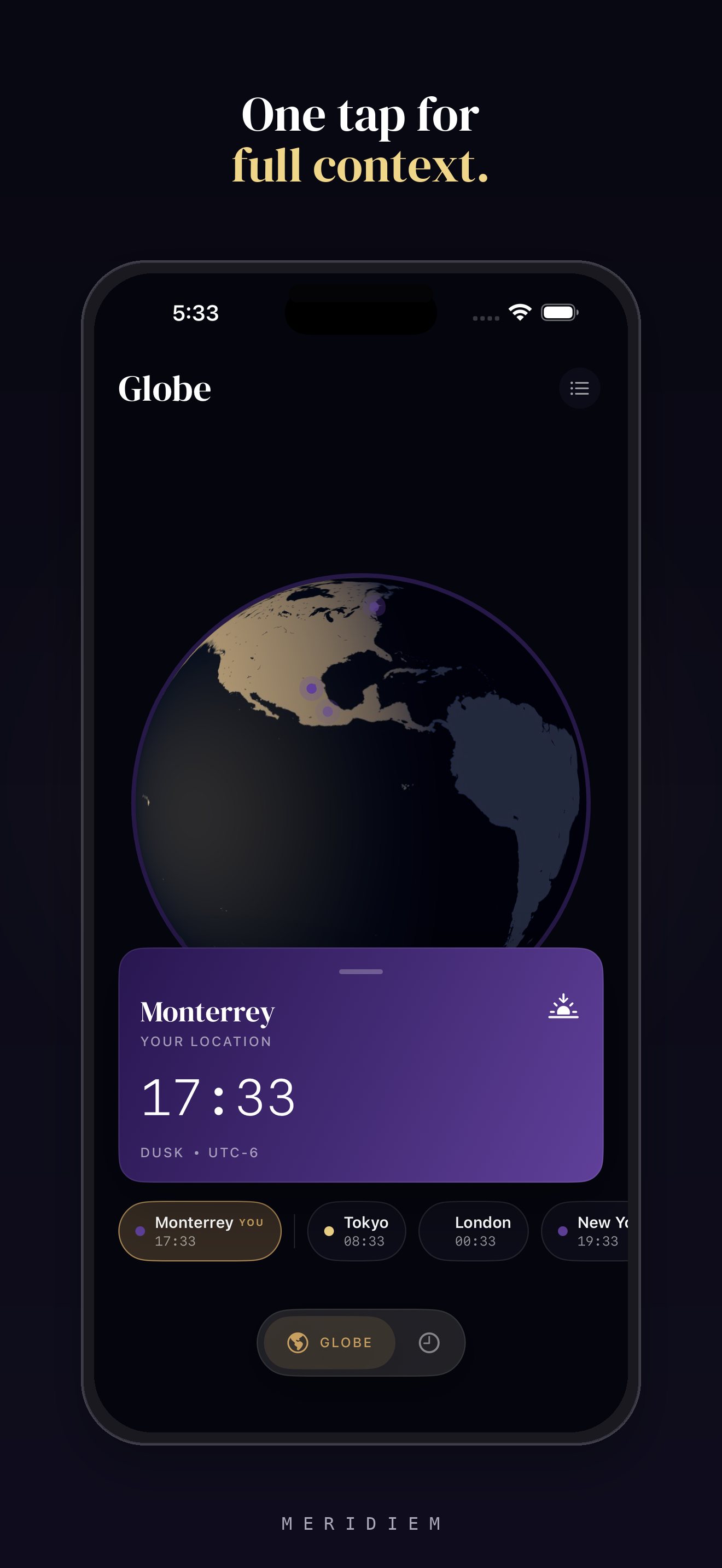 Meridiem city detail card showing local time and dusk status